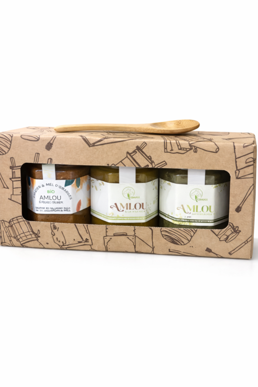 Coffret Amlou Gourmet – Trio 3 × 120 g  Amlou Pistache • Amlou Graine de Courge • Amlou Traditionnel 🪵 Cuillère en bois incluse