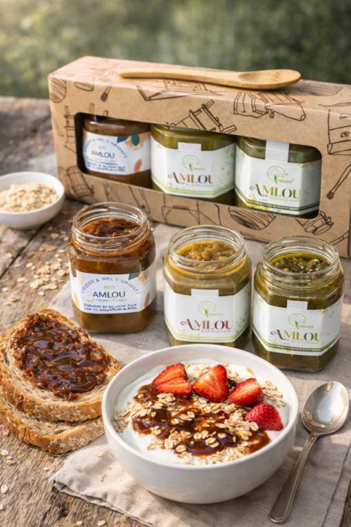 Coffret Amlou Gourmet – Trio 3 × 120 g  Amlou Pistache • Amlou Graine de Courge • Amlou Traditionnel 🪵 Cuillère en bois incluse