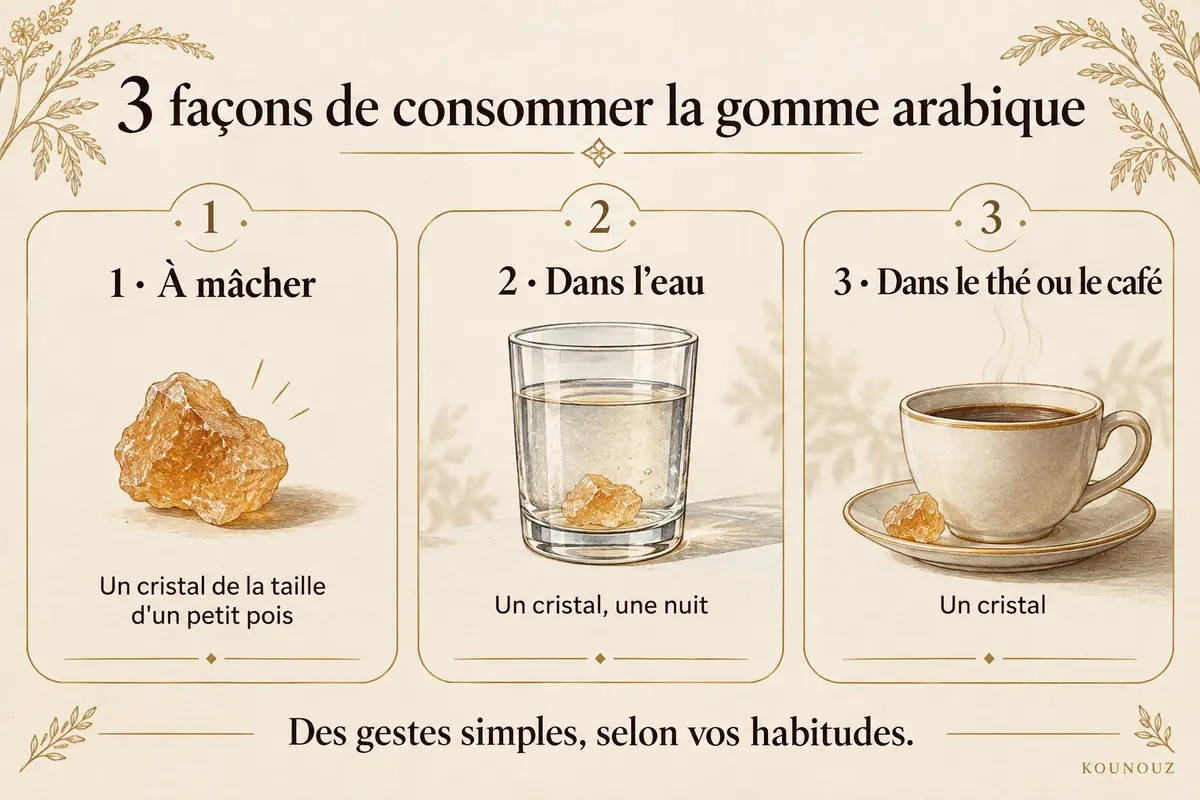 Trois façons de consommer la gomme arabique : à mâcher, dans l'eau, dans le thé ou le café.