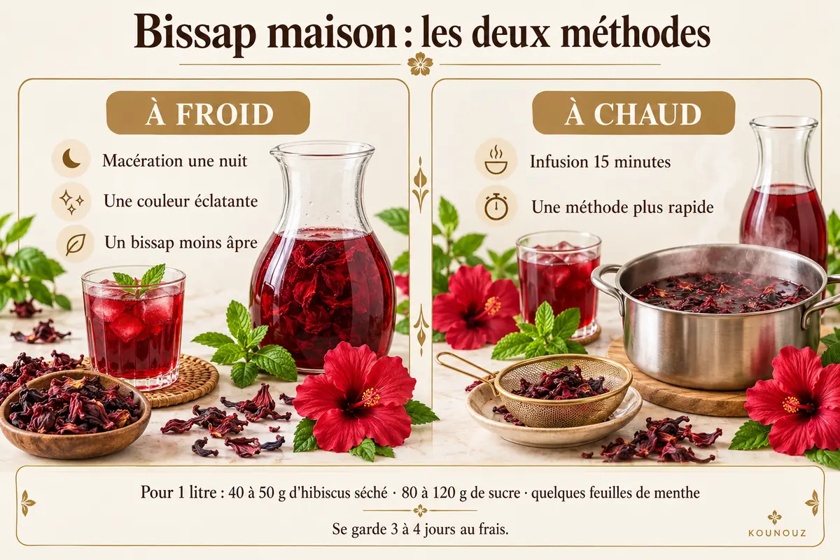 Deux méthodes pour préparer le bissap : macération à froid ou infusion à chaud.