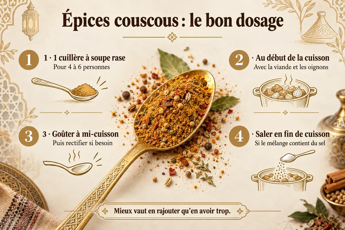 Dosage des épices pour couscous pour quatre à six personnes.