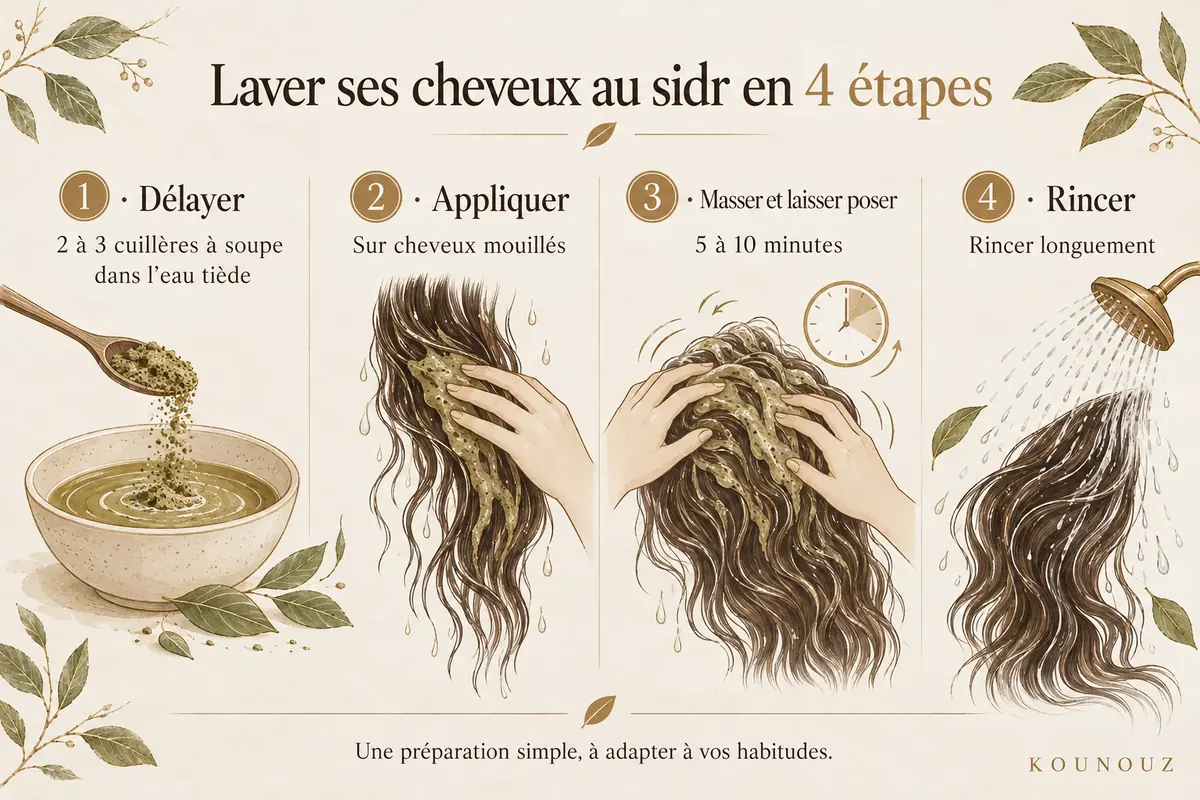 Quatre étapes pour laver les cheveux avec de la poudre de sidr.