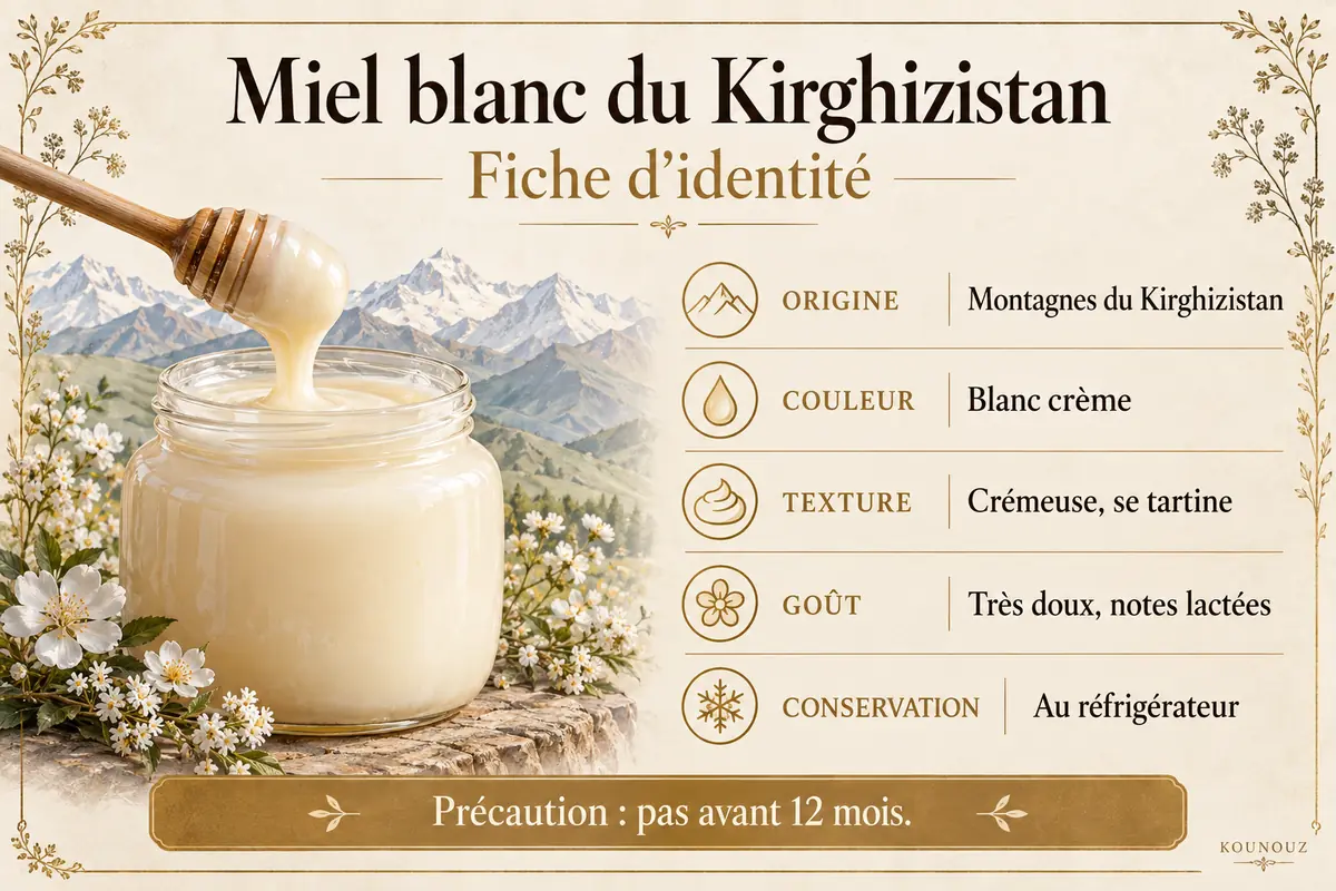 Fiche d'identité du miel blanc du Kirghizistan : origine, texture, goût et conservation.