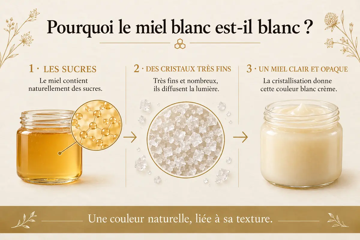 Pourquoi le miel blanc est clair et opaque : cristallisation et cristaux très fins.