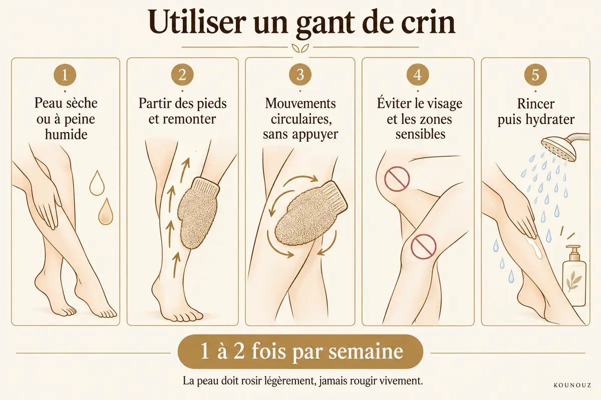 Étapes pour utiliser un gant de crin sans irriter la peau.
