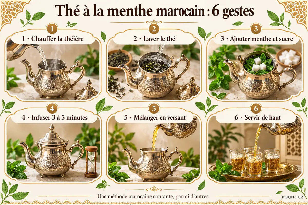 Six gestes pour préparer un thé à la menthe marocain.