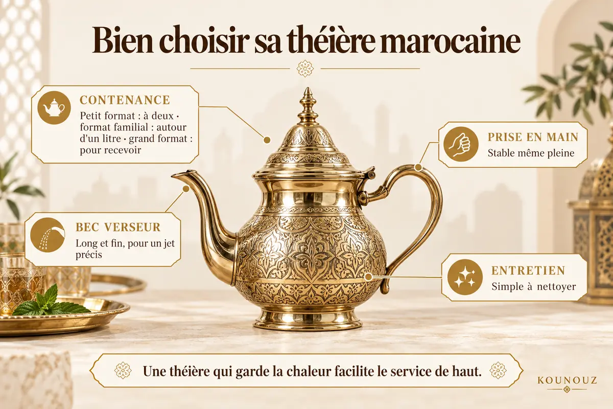 Critères pour choisir une théière marocaine : contenance, bec, prise en main et entretien.