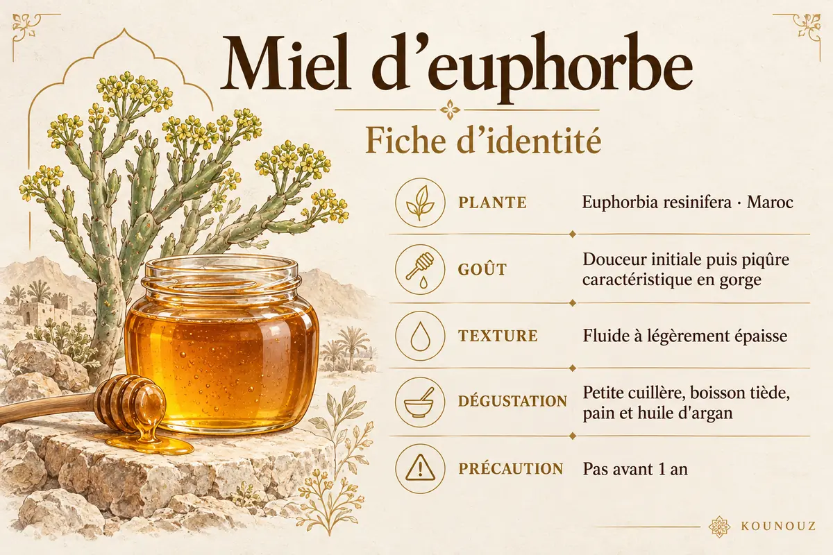 Fiche d'identité du miel d'euphorbe marocain : texture, dégustation et piqûre caractéristique en gorge.
