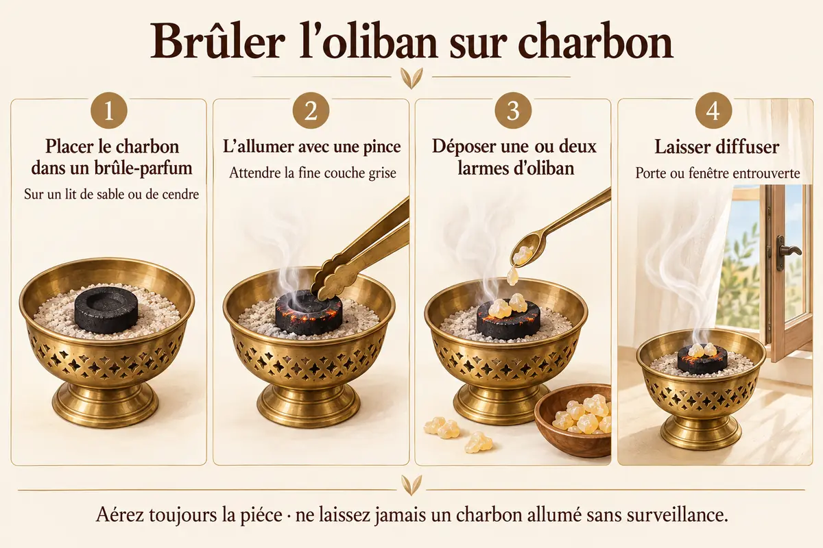 Étapes pour brûler de l'oliban sur charbon en sécurité.
