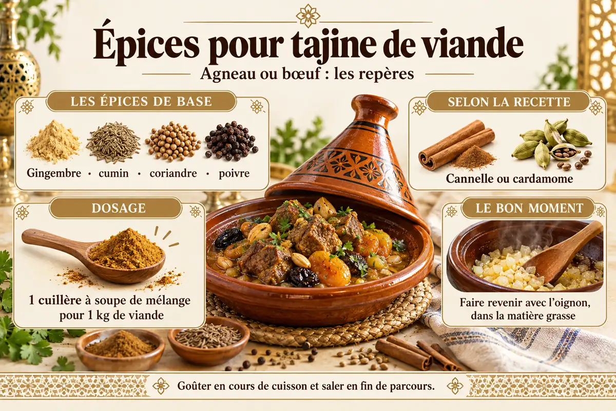 Épices et dosage pour un tajine d'agneau ou de bœuf.