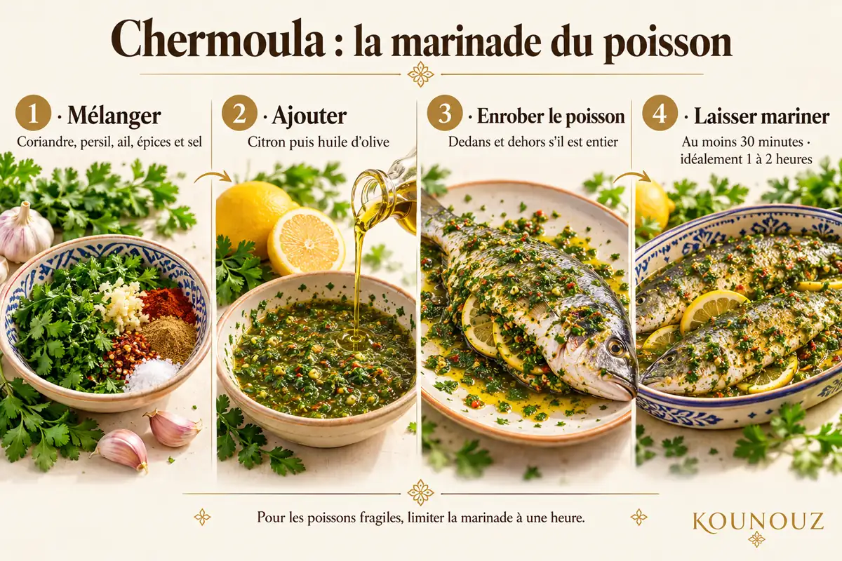 Étapes de préparation de la chermoula pour poisson.