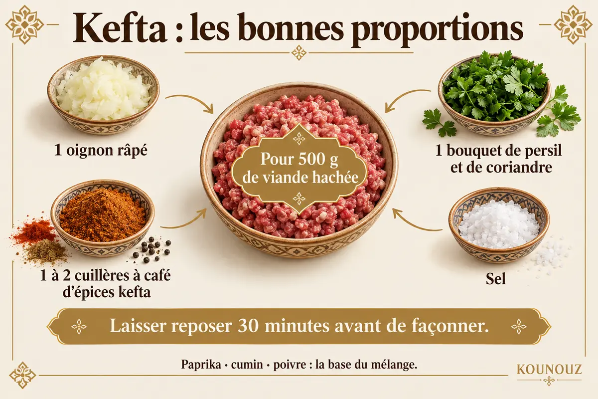 Proportions d'épices et d'herbes pour cinq cents grammes de kefta.
