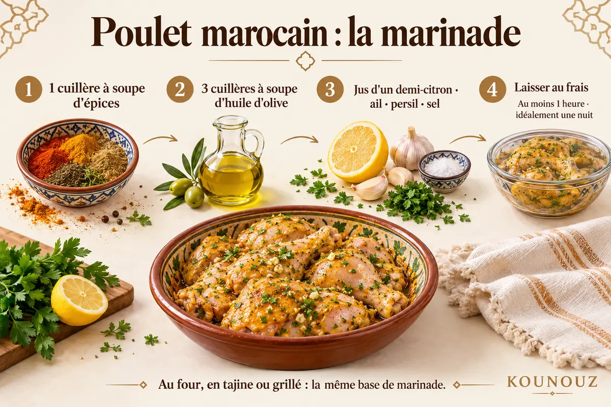Étapes de la marinade pour poulet marocain.