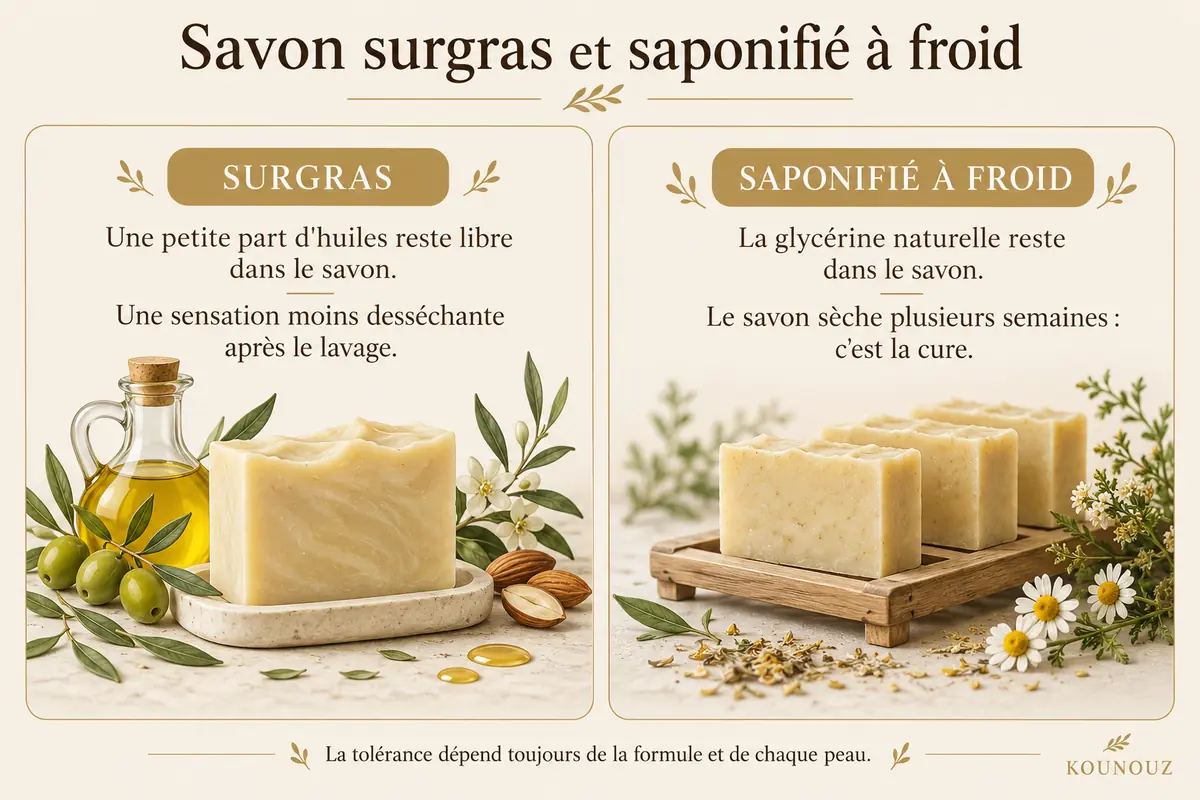 Explication des mentions savon surgras et saponifié à froid.