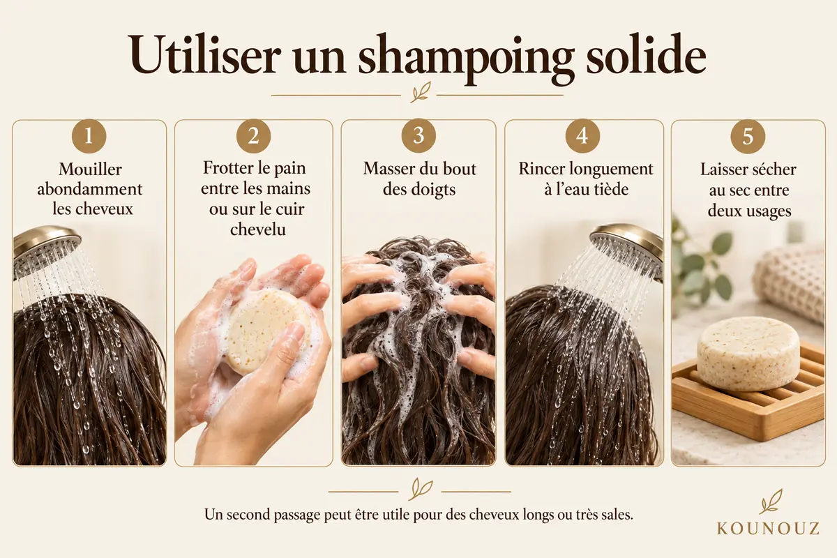 Cinq étapes pour utiliser et conserver un shampoing solide.