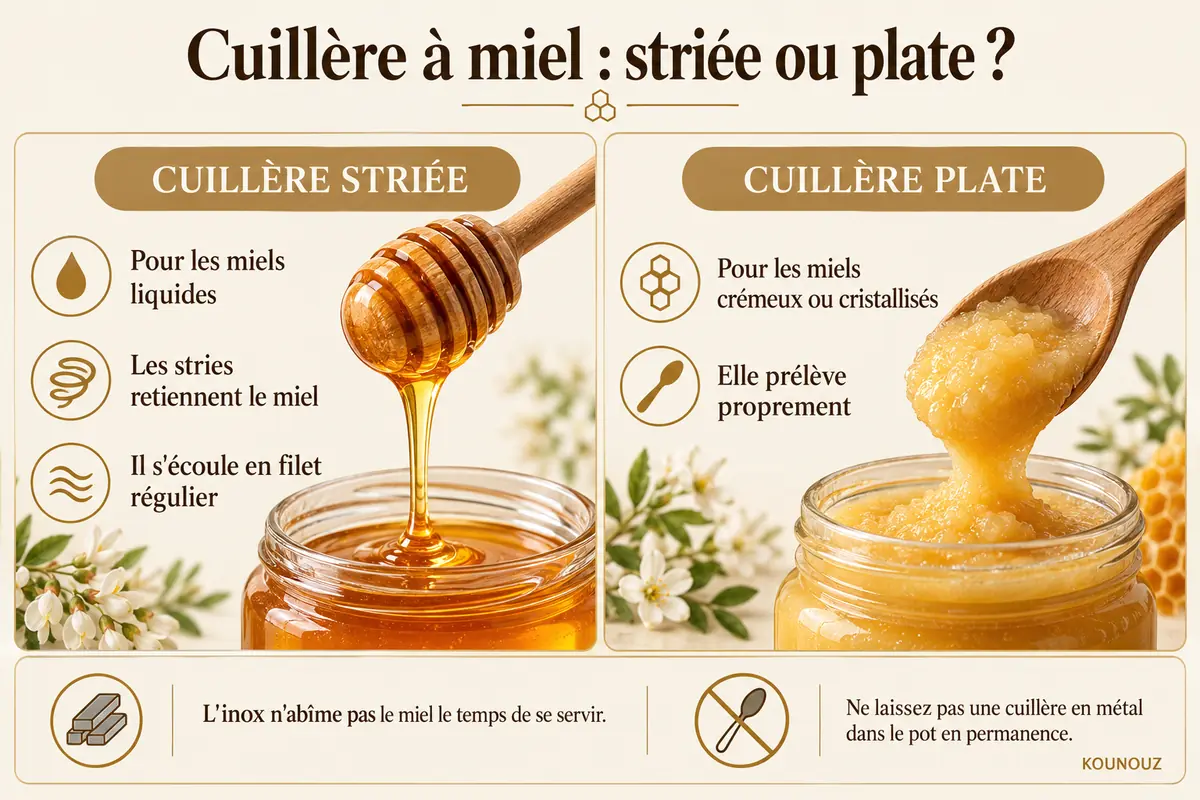 Comparatif entre cuillère à miel striée et cuillère plate en bois.